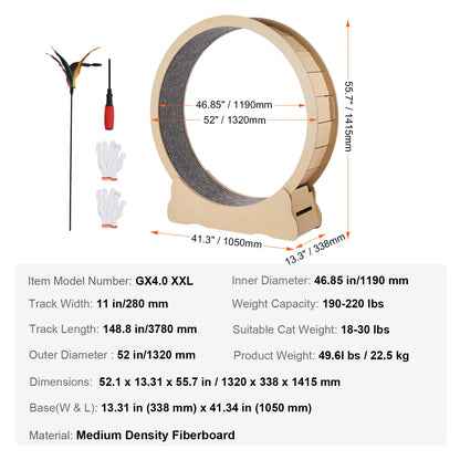 SucceBuy Wooden Cat Exercise Wheel. Large Cat Treadmill Wheel for Indoor Cat. Running Wheel with Detachable Carpet& Cat Teaser