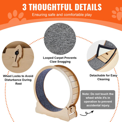 SucceBuy Wooden Cat Exercise Wheel. Large Cat Treadmill Wheel for Indoor Cat. Running Wheel with Detachable Carpet& Cat Teaser
