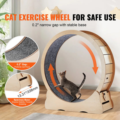 SucceBuy Wooden Cat Exercise Wheel. Large Cat Treadmill Wheel for Indoor Cat. Running Wheel with Detachable Carpet& Cat Teaser