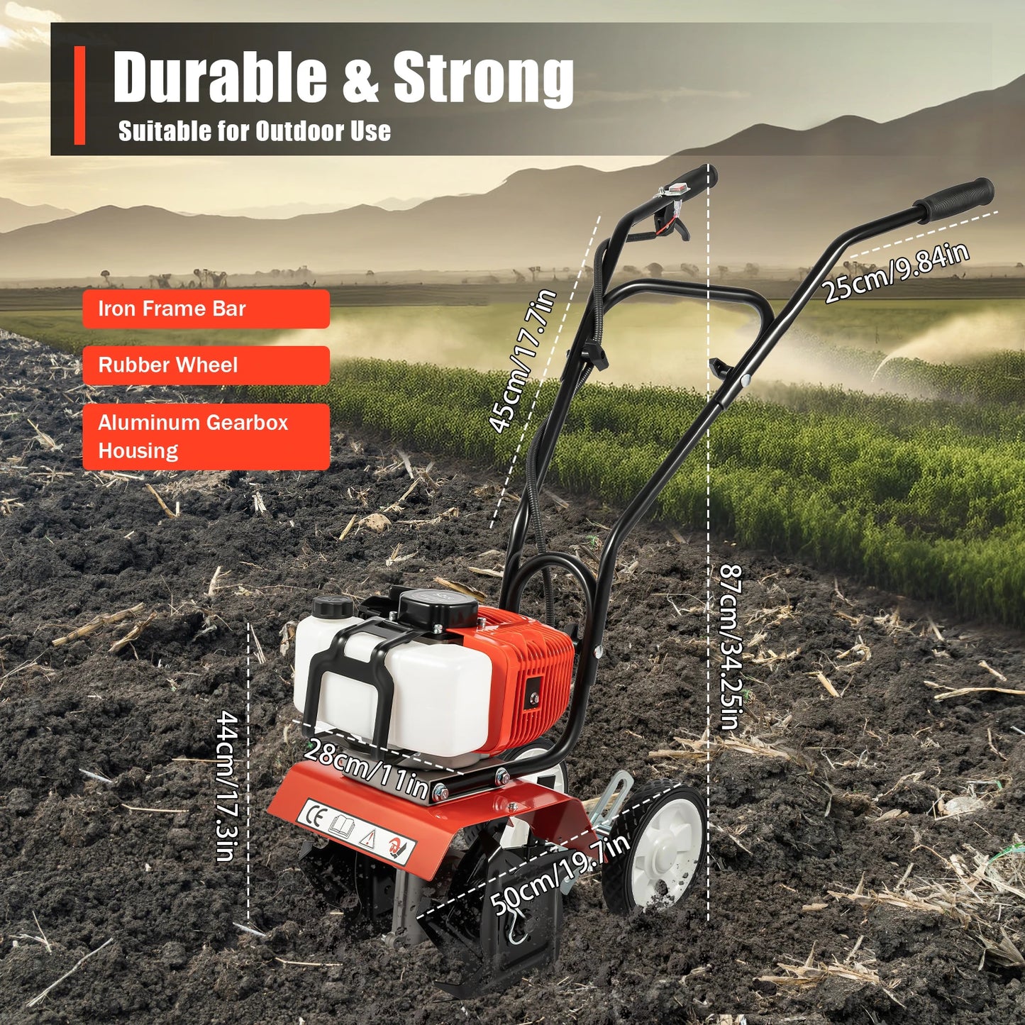 52CC Farm Cultivator Scarifier Garden Tiller, Gasoline powered Farming Cultivation Tool, Soil Loosening 4 Blades 1700W for Farmlands