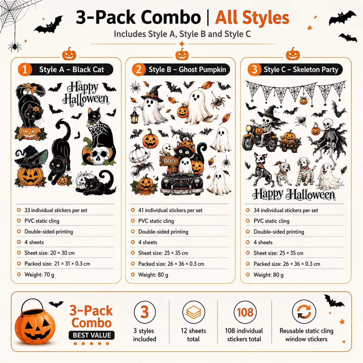 🕷️ Halloween Reusable Window Stickers Set