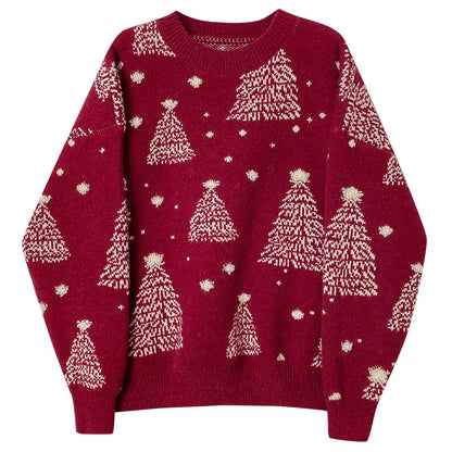 Women's Christmas Red Pullover Sweater Round Neck. Knit Casual Lazy Style New Year Top Contrast. Christmas Tree Autumn Winter 2025