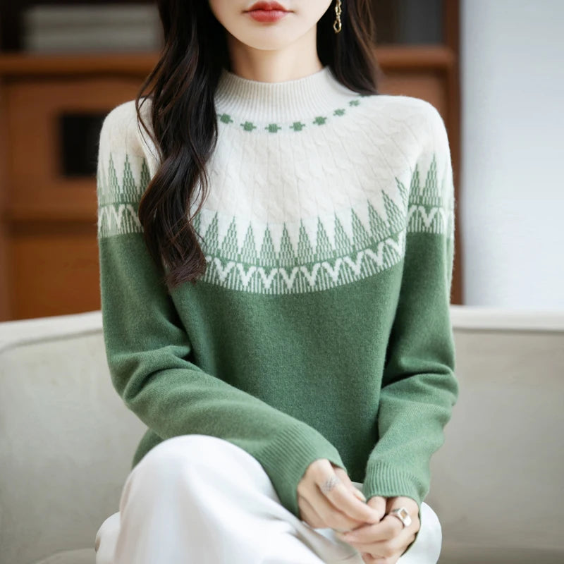 Autumn/Winter New Half High Neck Sweater 100% Wool Knitted Vintage Look. Loose Fit Christmas Red Sweaters Chic Streetwear for Women