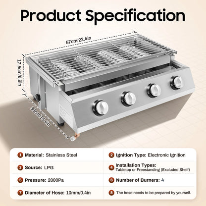 4 Burners BBQ Propane Gas Grill Stainless Steel Smokeless Barbecue Grill Portable BBQ Grill Removable for Outdoor Patio Garden