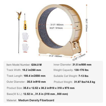SucceBuy Wooden Cat Exercise Wheel. Large Cat Treadmill Wheel for Indoor Cat. Running Wheel with Detachable Carpet& Cat Teaser
