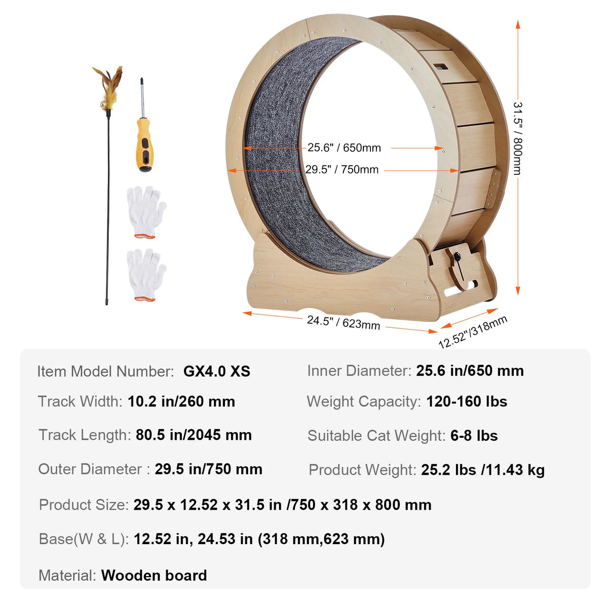 SucceBuy Wooden Cat Exercise Wheel. Large Cat Treadmill Wheel for Indoor Cat. Running Wheel with Detachable Carpet& Cat Teaser