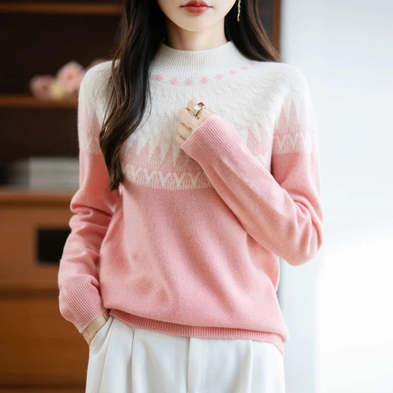 Autumn/Winter New Half High Neck Sweater 100% Wool Knitted Vintage Look. Loose Fit Christmas Red Sweaters Chic Streetwear for Women