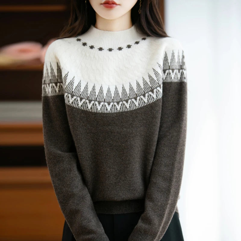 Autumn/Winter New Half High Neck Sweater 100% Wool Knitted Vintage Look. Loose Fit Christmas Red Sweaters Chic Streetwear for Women