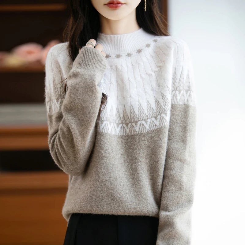 Autumn/Winter New Half High Neck Sweater 100% Wool Knitted Vintage Look. Loose Fit Christmas Red Sweaters Chic Streetwear for Women