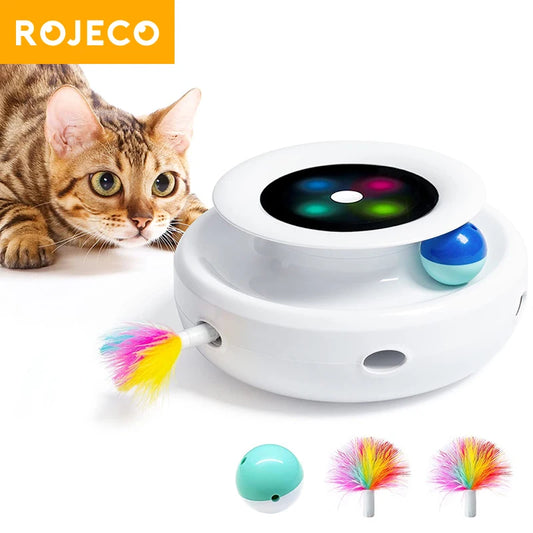 ROJECO 2 in 1 Smart Cat Toys. Automatic Feather Fun Ball Toy Set For Cats & Dogs with 5 Modes.