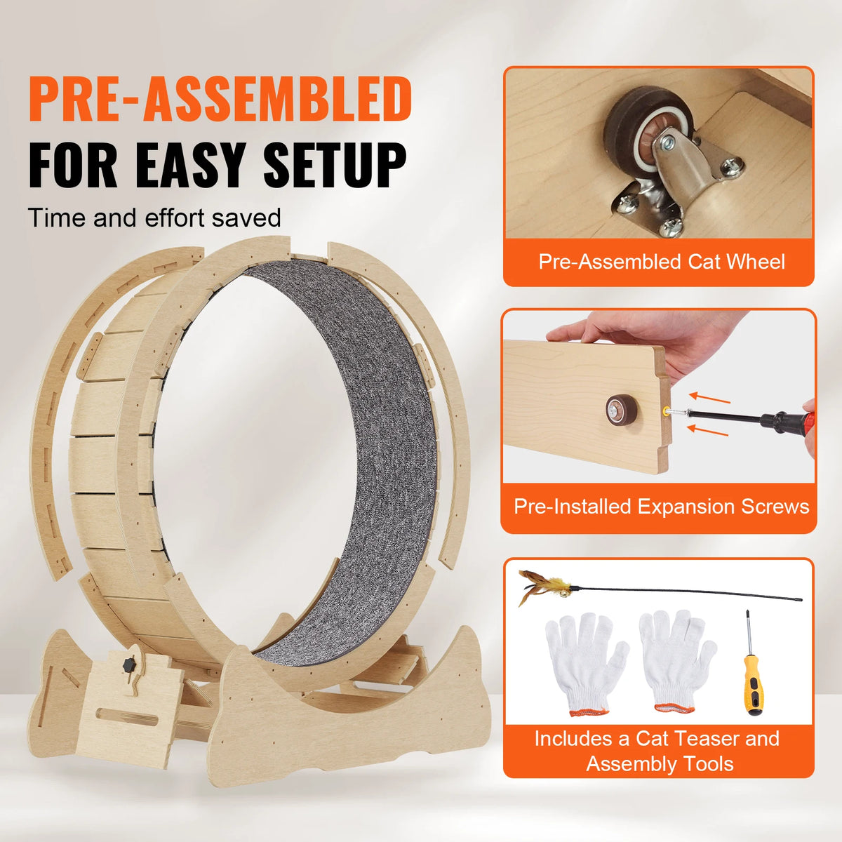SucceBuy Wooden Cat Exercise Wheel. Large Cat Treadmill Wheel for Indoor Cat. Running Wheel with Detachable Carpet& Cat Teaser