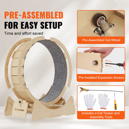 SucceBuy Wooden Cat Exercise Wheel. Large Cat Treadmill Wheel for Indoor Cat. Running Wheel with Detachable Carpet& Cat Teaser
