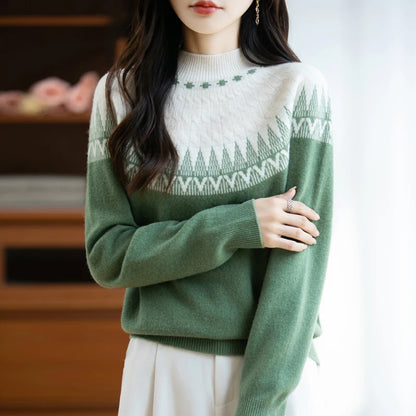 Autumn/Winter New Half High Neck Sweater 100% Wool Knitted Vintage Look. Loose Fit Christmas Red Sweaters Chic Streetwear for Women
