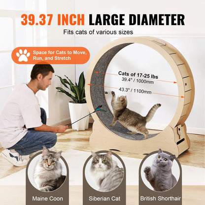 SucceBuy Wooden Cat Exercise Wheel. Large Cat Treadmill Wheel for Indoor Cat. Running Wheel with Detachable Carpet& Cat Teaser