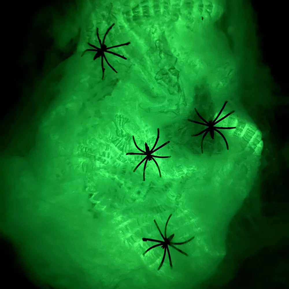 Halloween Fluorescent Spider Webs. Glow In The Dark Spider Webs Halloween Cobweb. Outdoor Horror Decorations