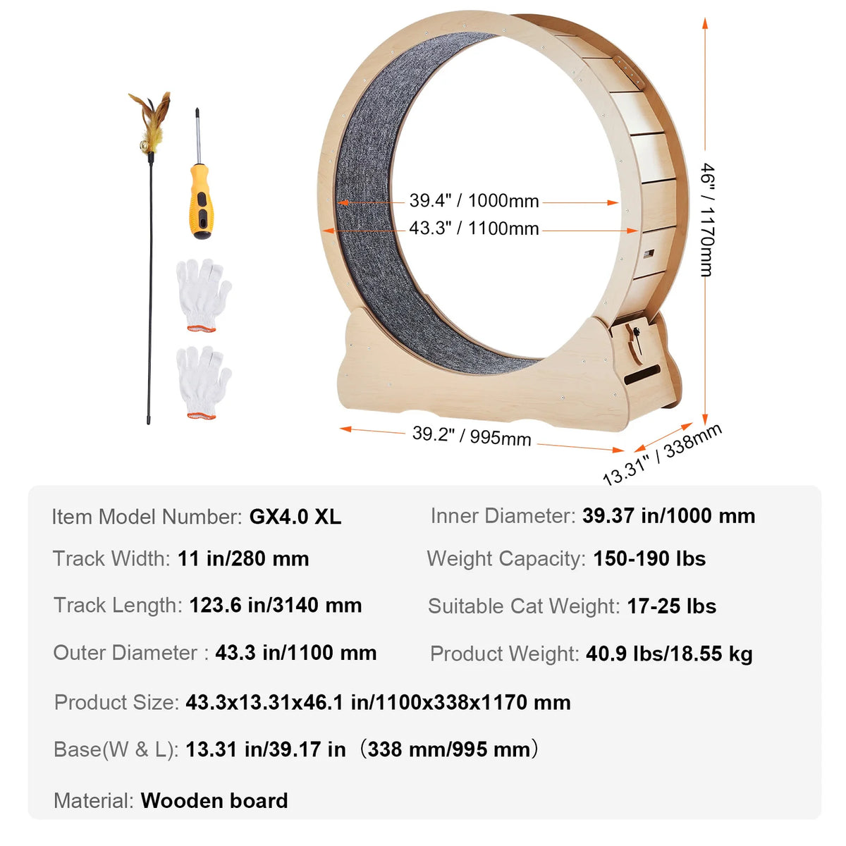 SucceBuy Wooden Cat Exercise Wheel. Large Cat Treadmill Wheel for Indoor Cat. Running Wheel with Detachable Carpet& Cat Teaser