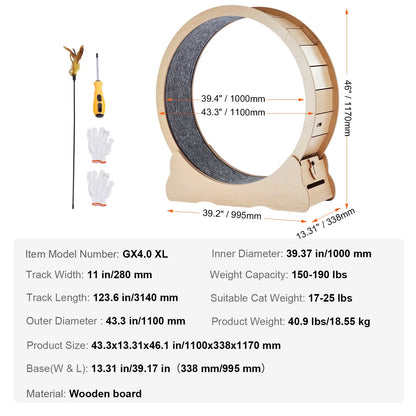 SucceBuy Wooden Cat Exercise Wheel. Large Cat Treadmill Wheel for Indoor Cat. Running Wheel with Detachable Carpet& Cat Teaser