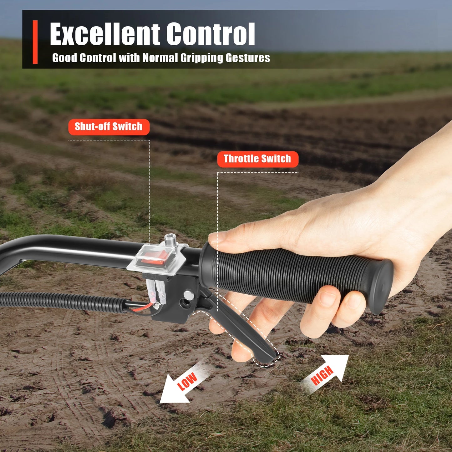 52CC 1700W Gasoline Garden Tiller, Cordless 2-stroke Air-Cooled Cultivator Rotary for Trenching Loosening