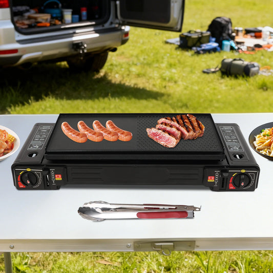 2 Burners Portable Camping Stove, 2.5KW Auto Ignition Butane/LPG Gas Stove w/Baking Tray+Carrying Case for RV Outdoor Picnic BBQ