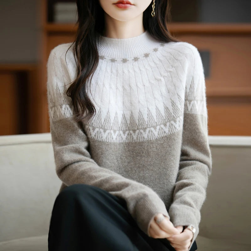 Autumn/Winter New Half High Neck Sweater 100% Wool Knitted Vintage Look. Loose Fit Christmas Red Sweaters Chic Streetwear for Women