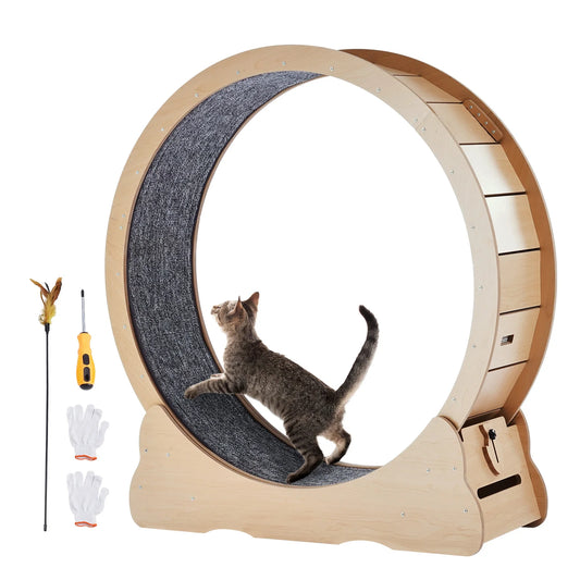 SucceBuy Wooden Cat Exercise Wheel. Large Cat Treadmill Wheel for Indoor Cat. Running Wheel with Detachable Carpet& Cat Teaser