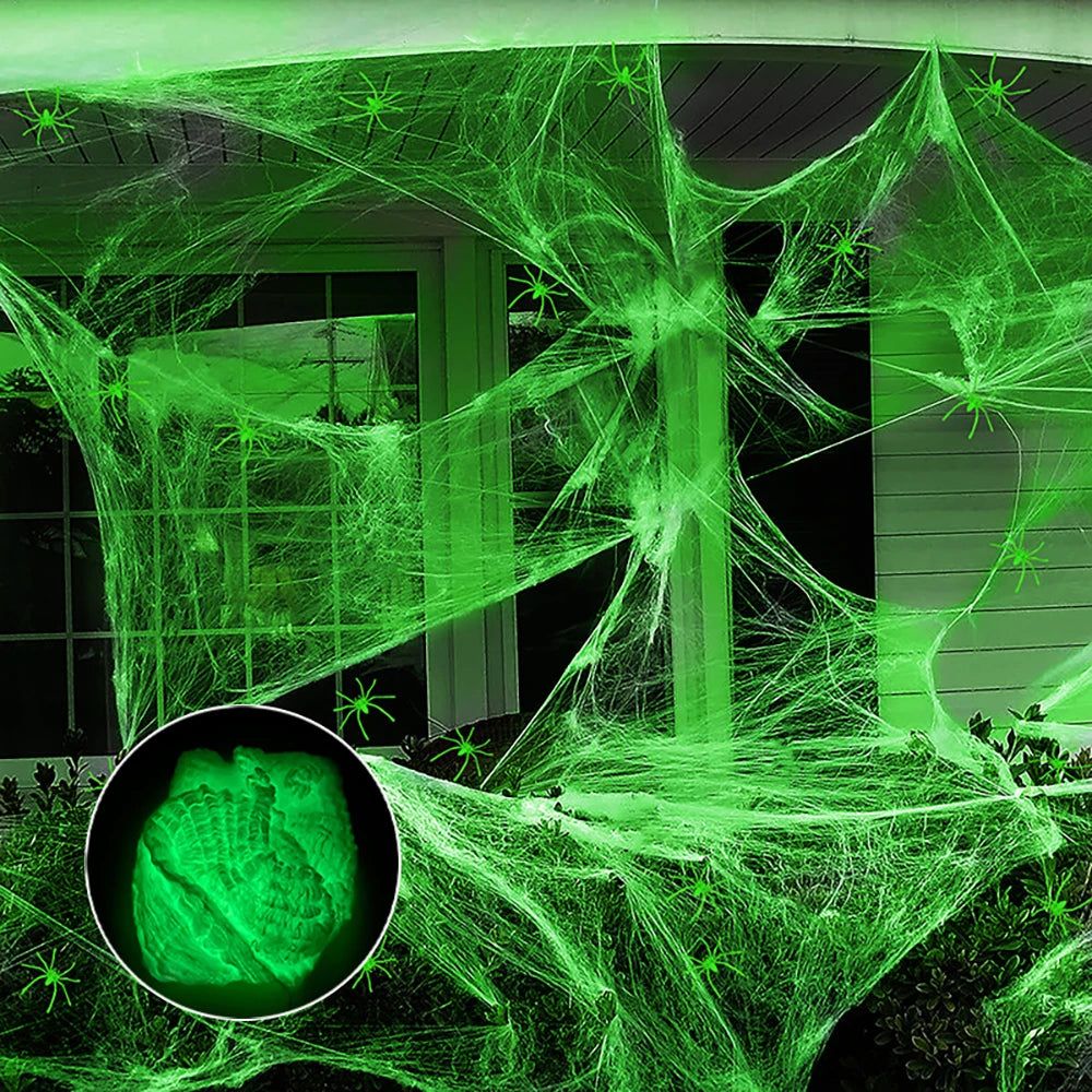 Halloween Fluorescent Spider Webs. Glow In The Dark Spider Webs Halloween Cobweb. Outdoor Horror Decorations
